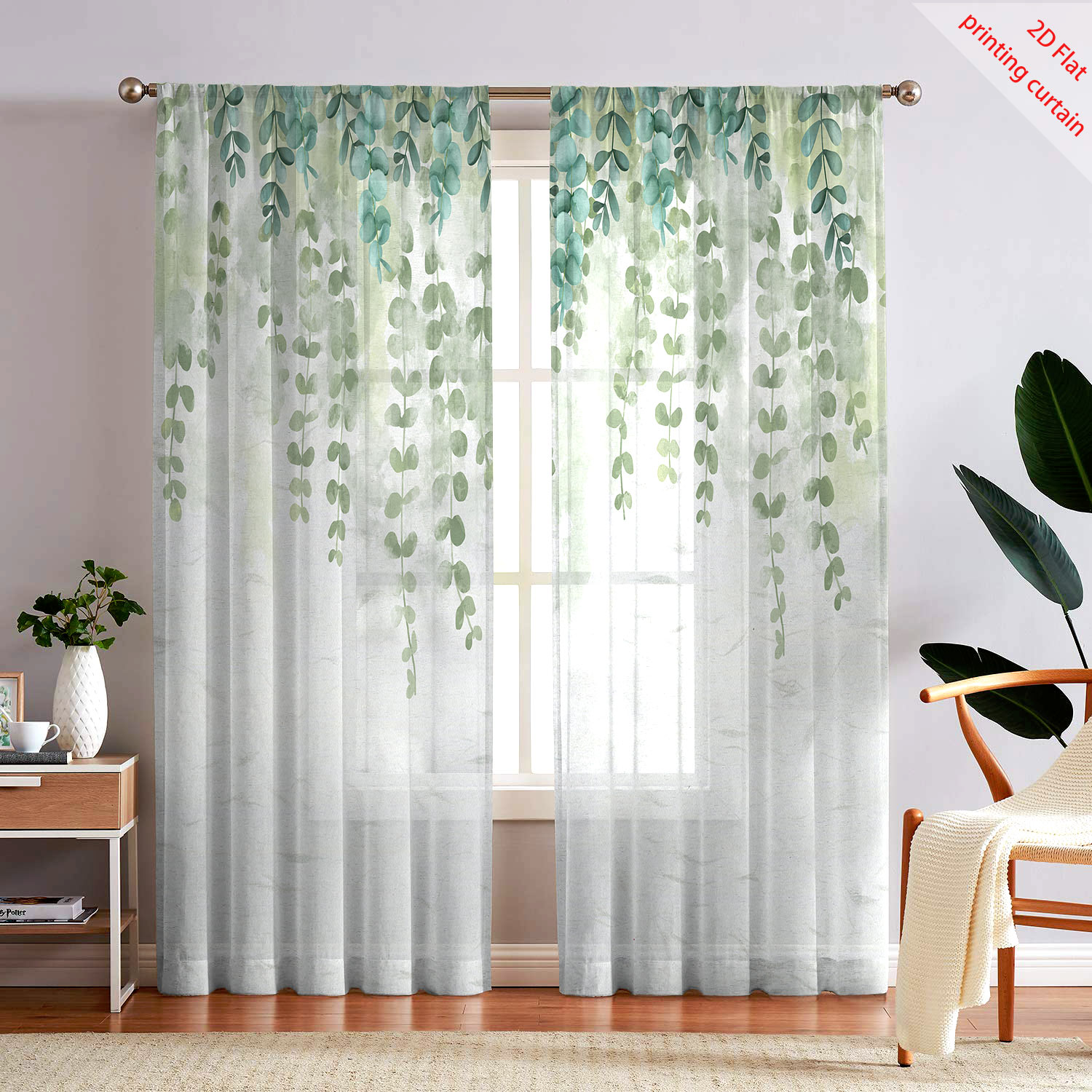 Home Office Youtube - Printed transparent gauze curtain with plant,