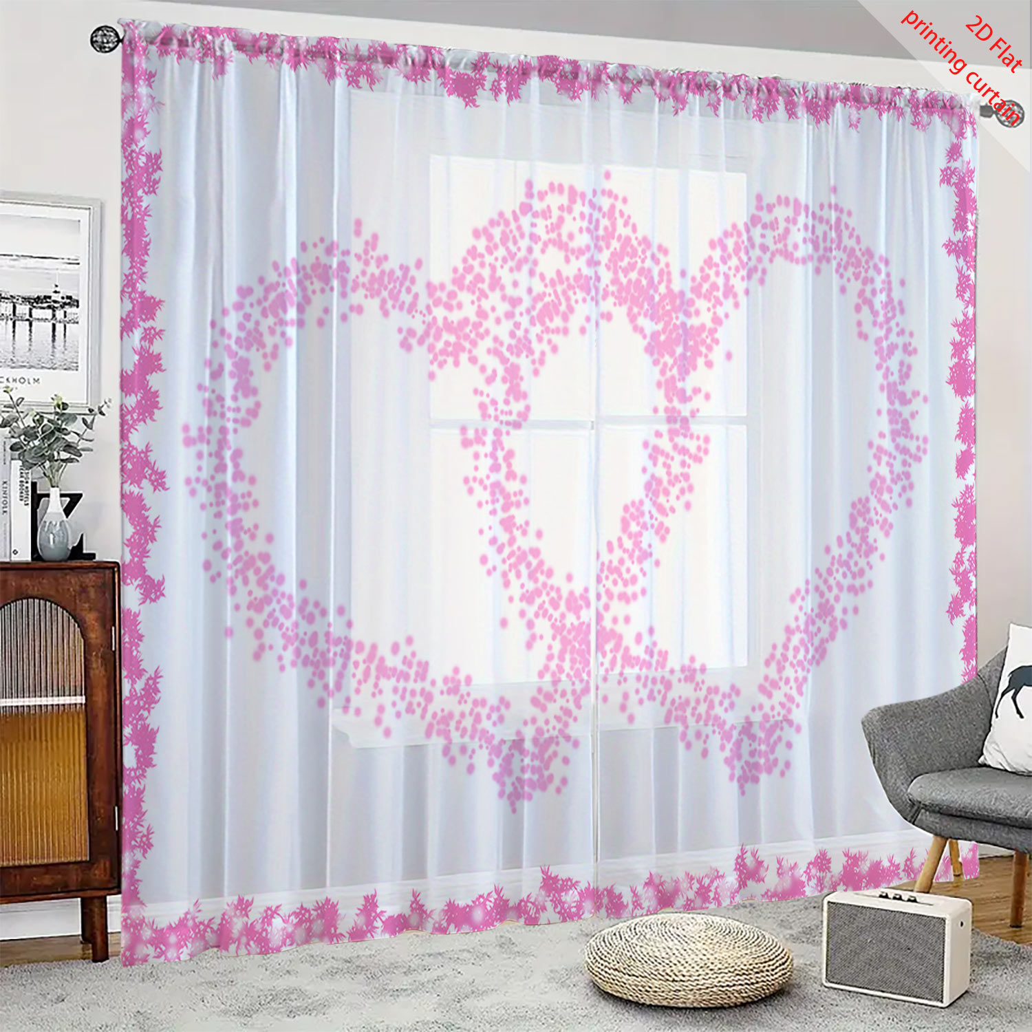 Home Office Youtube - Heart Shaped Printed Transparent Gauze Curtain