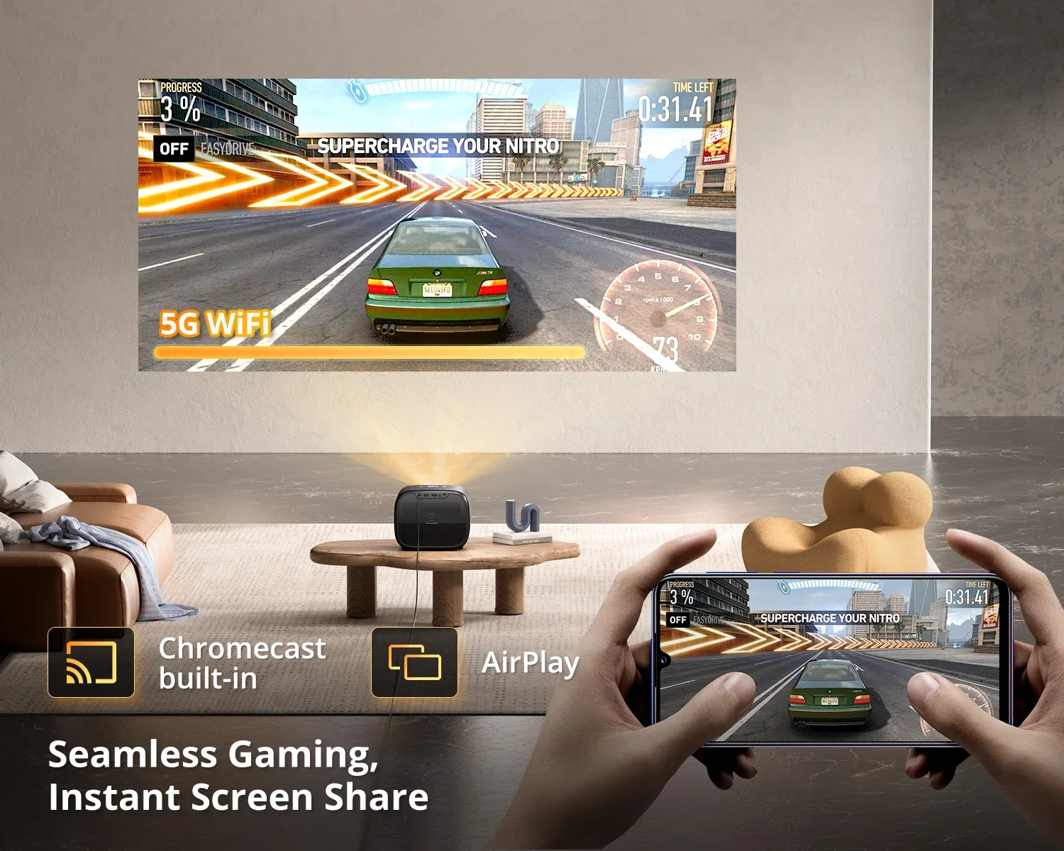 Home Office Google - Google Portable Auto-Focus Android 11 Projector