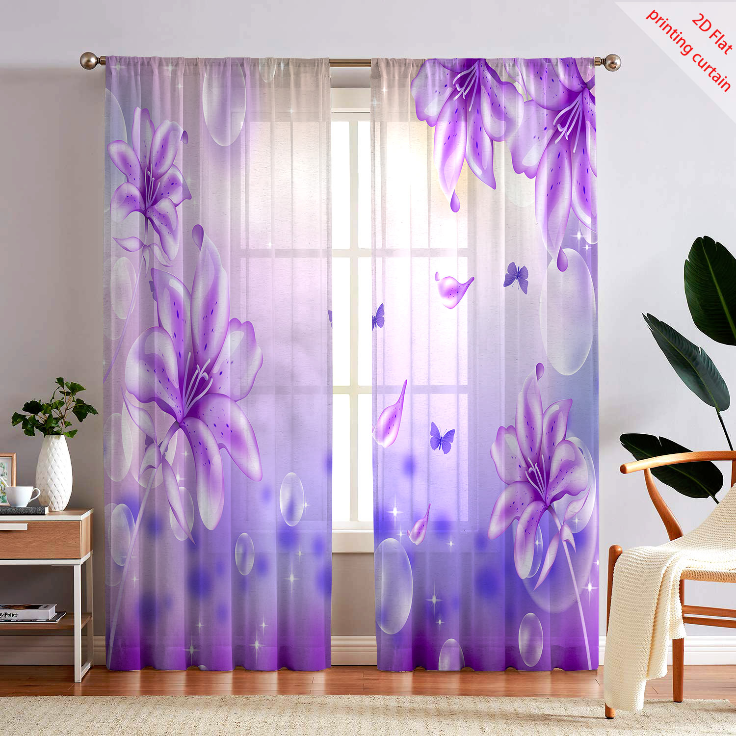 Home Office Youtube - Purple Flower Printed Transparent Gauze Curtain