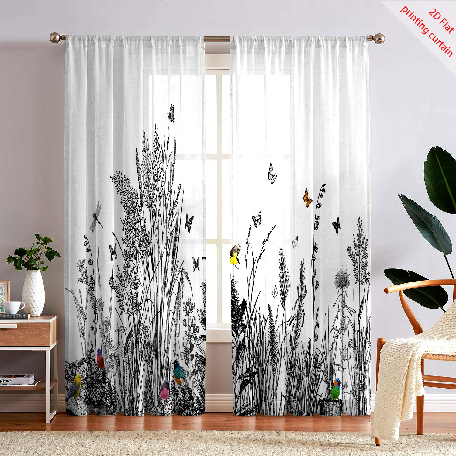 Home Office Youtube - Plant Printed Transparent Screen Curtain Home
